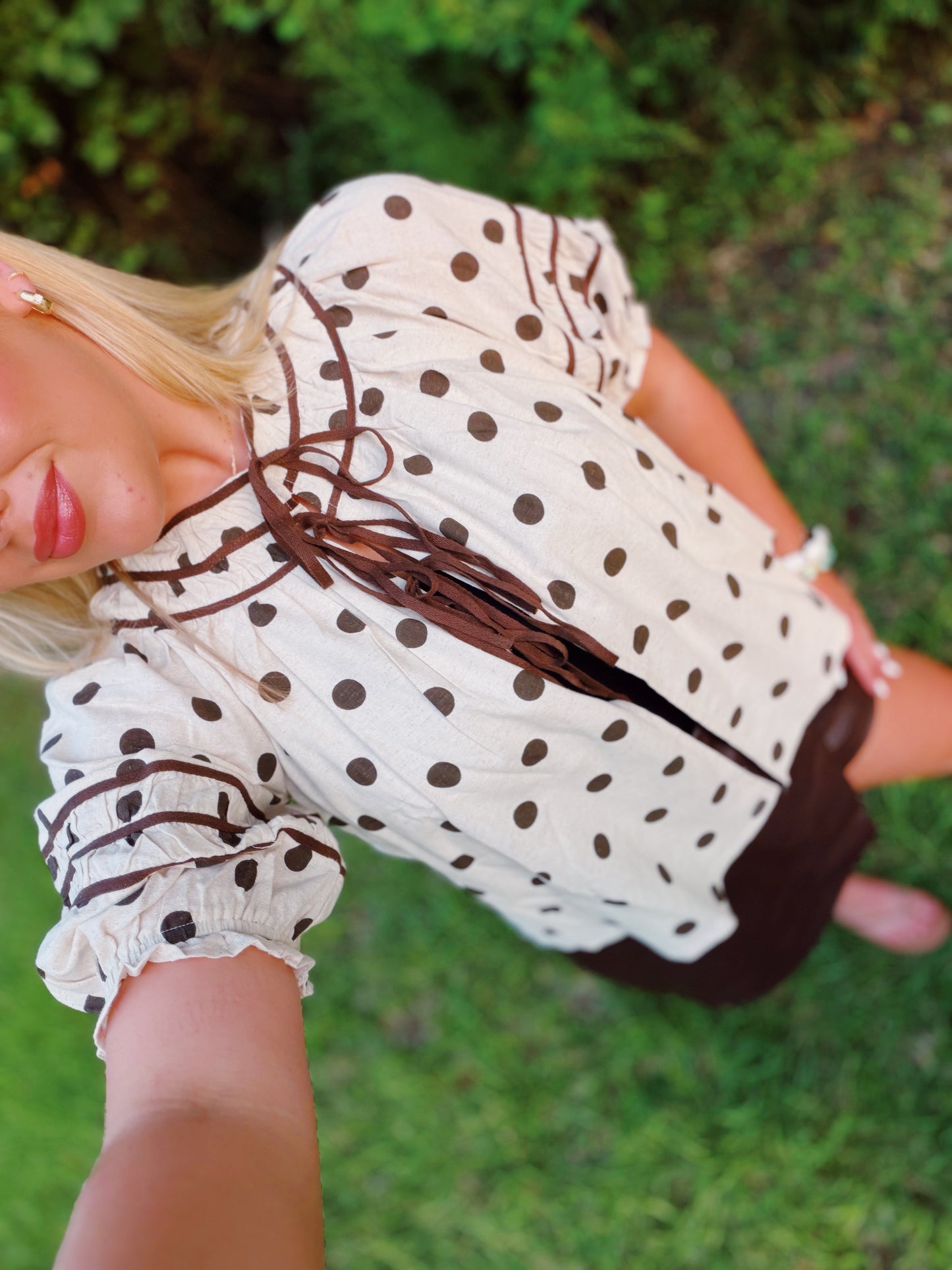 Polka Dot Ruffle Trim Blouse