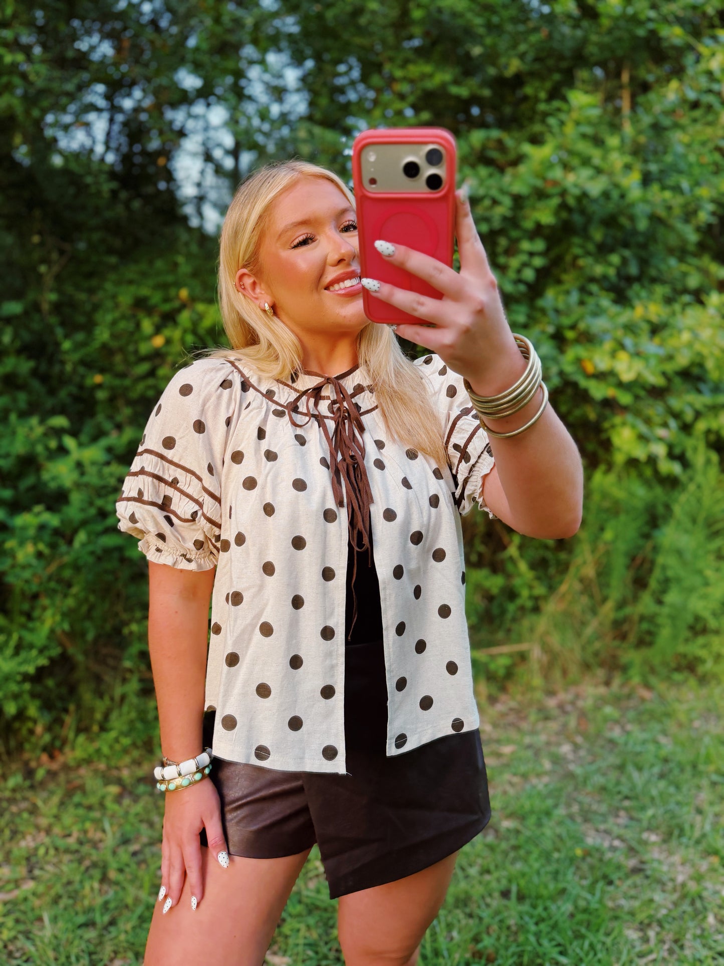 Polka Dot Ruffle Trim Blouse
