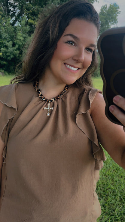 Gold Cross Leopard Scarf Necklace