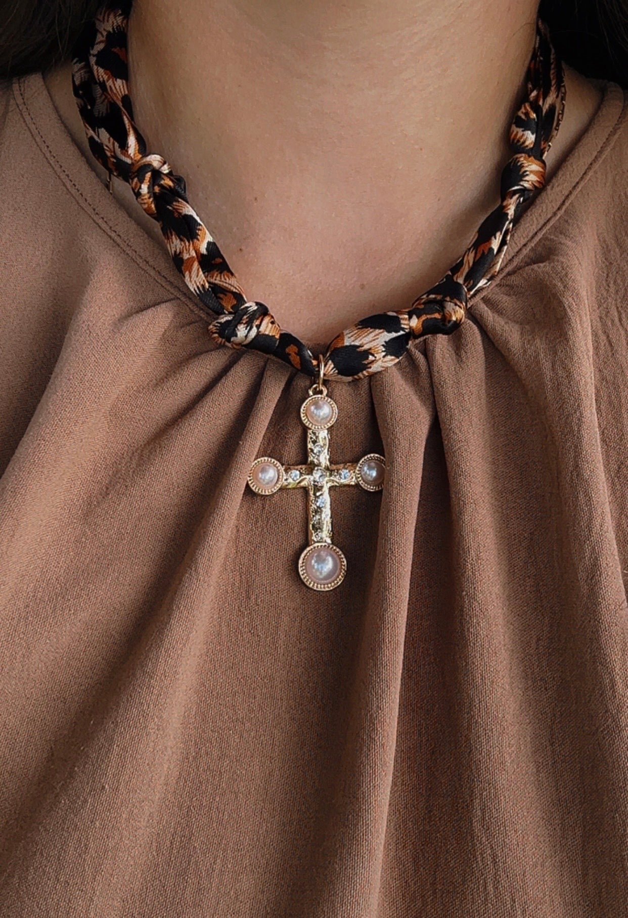 Gold Cross Leopard Scarf Necklace