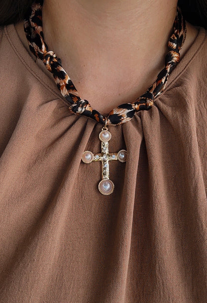 Gold Cross Leopard Scarf Necklace