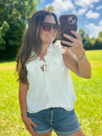 White Ruffle Tie Top