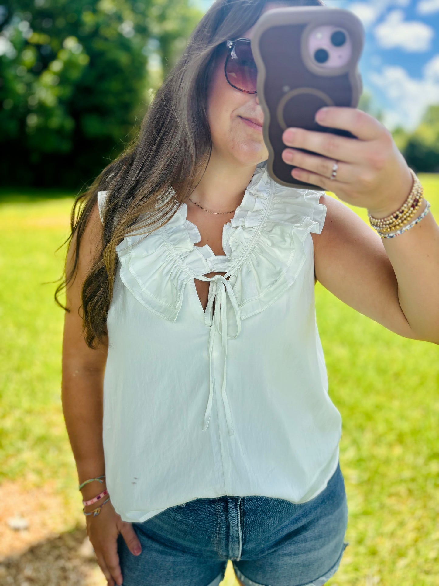 White Ruffle Tie Top