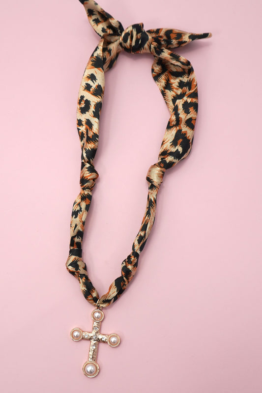 Gold Cross Leopard Scarf Necklace